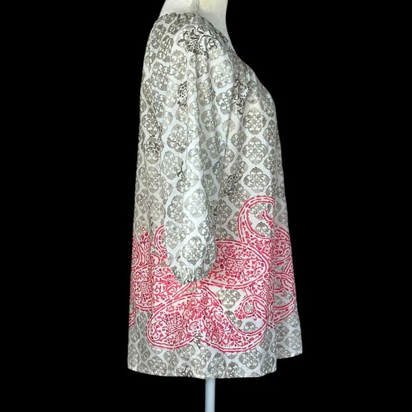 MERONA Women's Blouse 3/4 Sleeve Size Medium 100% Cotton‎ Tunic Gray Pink Casual - Picture 10 of 14